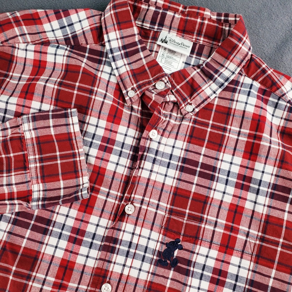 Disney Parks Authentic Mens XL Plaid Button Down Shirt Red White Blue